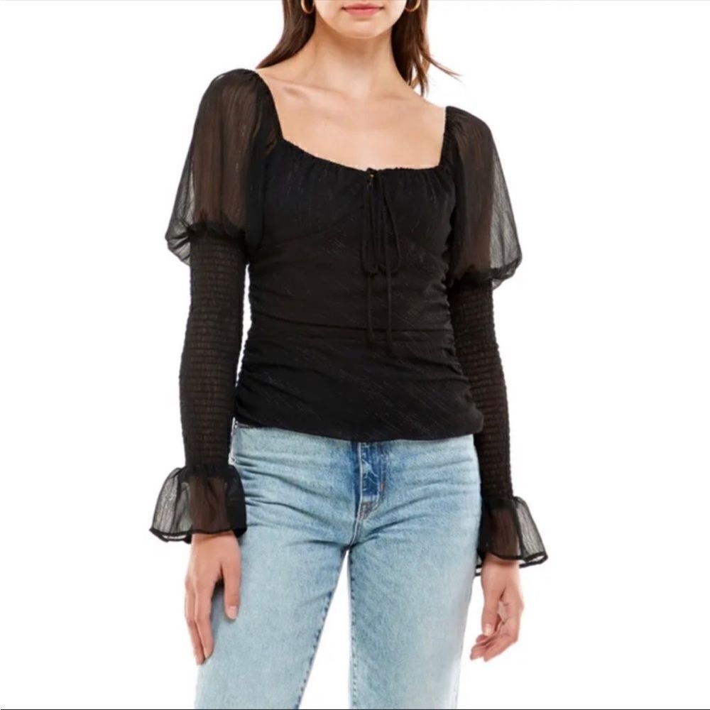 Wayf Chiffon Ruched Puff Ruffle Sleeve Poet Blouse Black Silver Medium Smocked‎